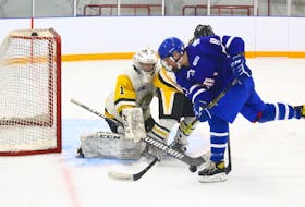 The Valley Maple Leafs’ Jacob Annis was denied a goal by Liverpool’s netminder Eric Bilodeau during Jr. B hockey action Nov. 13.
JIM IVEY
