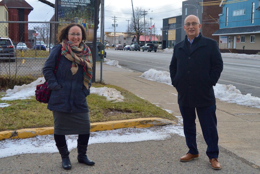 Nova Scotia NDP leader Gary Burrill, right, was accompanied by his party's communications and outreach officer, Betsy MacDonald, while recently in Cape Breton for COVID-19 recovery discussions. DAVID JALA/CAPE BRETON POST