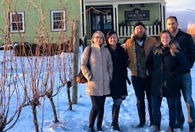 Rayell Swan, Lesley Quinn, Al Douglas and Sara and Brent MacIsaac are Nova Scotia wine ambassadors. Missing from the photo are Jessica Emin, Jordan Bulley and Meagan Crooks. CONTRIBUTED
