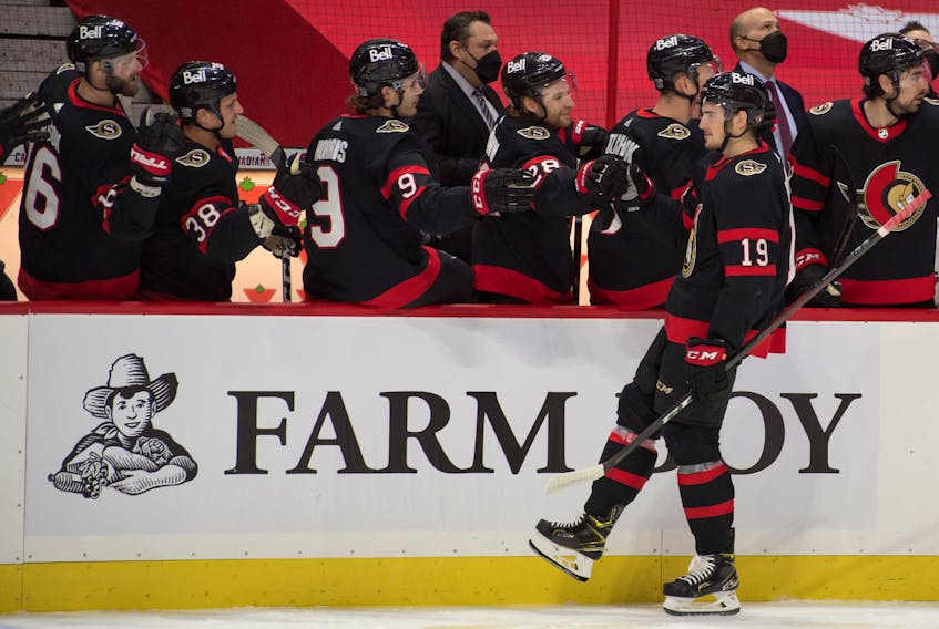 Drake Batherson celebrates a goal with his Ottawa Senators teammates during a recent NHL game. - USA Today Sports