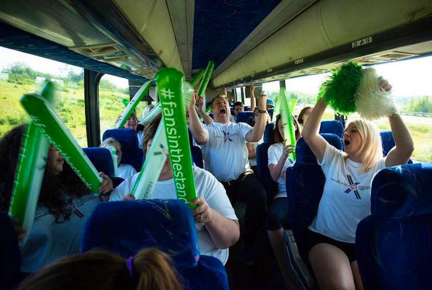 The Sobeys’ Cheer Squad on the bus to the Special Olympics Canada Summer Games.