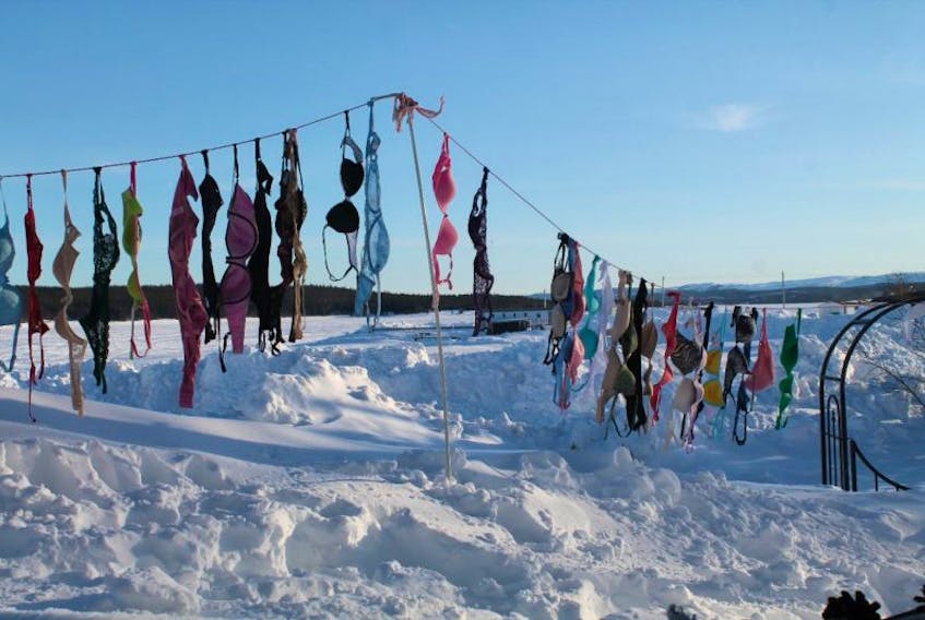 Sixty bras hung on a clothesline in Roddickton-Bide Arm on Women’s Day, March 8, to draw attention to the issue of breast cancer.