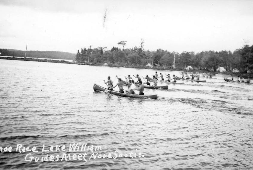 Competitors in a canoe race paddle away from the start line in an undated Nova Scotia Guides meet photo. Photo compliments of the Queens County Museum.
