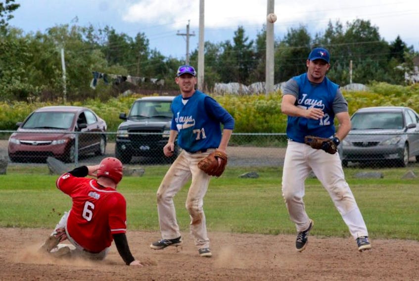 <p>Jason Hanes slides to second base as Kenny Miller tosses the ball back to first to tag out the Windsor batter. Also pictured is Aaron MacPhee.</p>