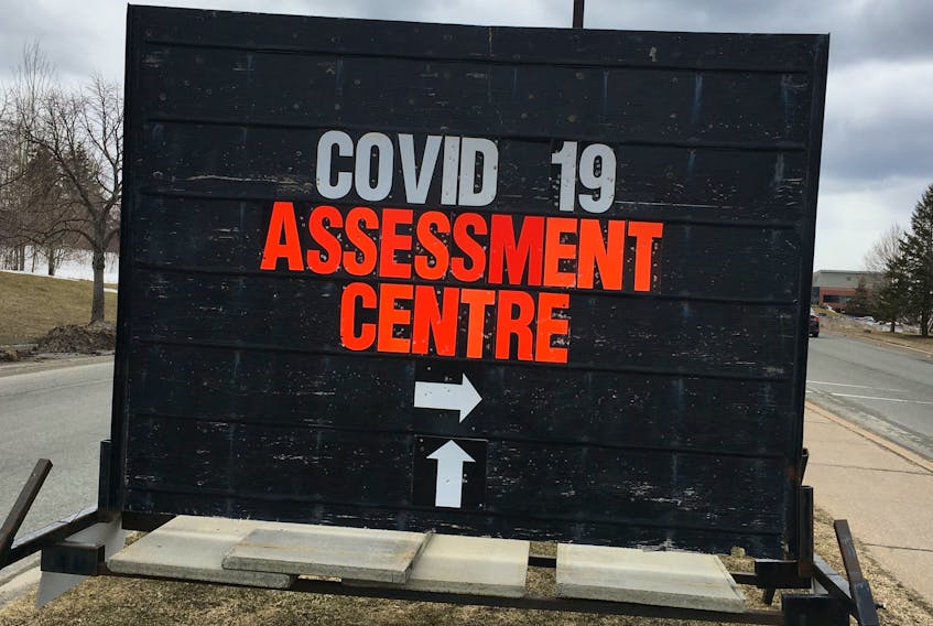 A sign alerts people to the location of  COVID-19 assessment centre at the Health Park near the Cape Breton Regional Hospital. Nancy King/Cape Breton Post