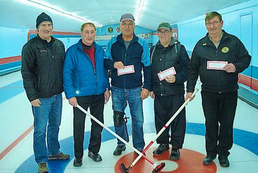 Springdale’s fall Tuesday curling draw saw the Clarke foursome win. Taking part in the presentation were, from left:  Dave Edison of sponsor Warr's Castle Building Centre, skip Dave Clarke, third Roy Critch, second Brian Hancock and lead Bond Ryan.