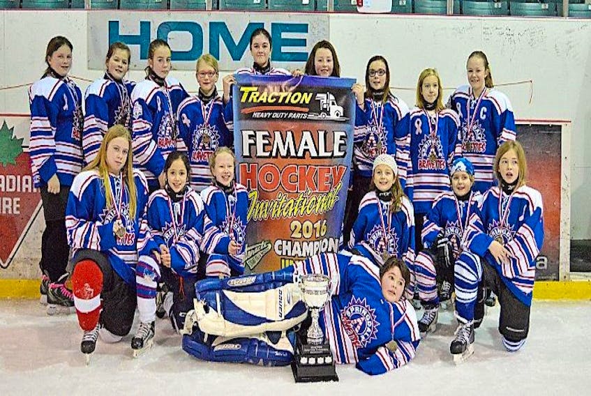 The Under 12 Springdale Bravettes participated in the fifth annual Female Under 12 Traction Tournament in Grand Falls-Windsor and brought home gold. Team members included (back) from left: Brooklyn Norman, Rebekah Oxford, Madison Rowsell, Kasey Budgell, Gabrielle Tizzard, Kira Clarke, Kylie Hull, Jenelle Seymour and Kylea Keough. (Front) Emma Joan Major, Olivia Sparkes, Chelsea Keough, Karissa Adams, Hannah Downton, Grace Kennedy and Mallory Andrews.