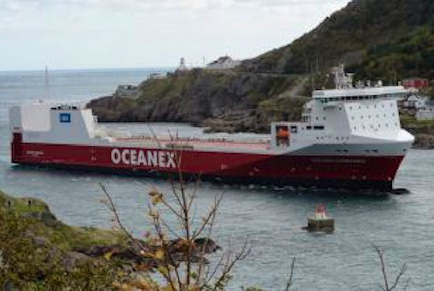 ['The Oceanex Connaigra arrives in St. John’s harbour in October 2013 on its maiden voyage from Germany. — Photo by Keith Gosse/The Telegram']