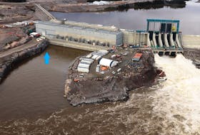 A photo of the tailrace channel, an area of water immediately below the Muskrat Falls powerhouse, shows the location of the oil sheen. Photo submitted by Nalcor Energy
