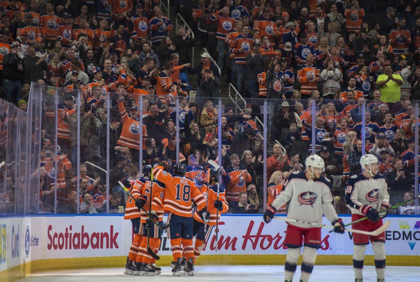 The Edmonton Oilers, celebrate their first period goal against the Columbus Blue Jackets at Rogers Place in Edmonton on March 7, 2020. 