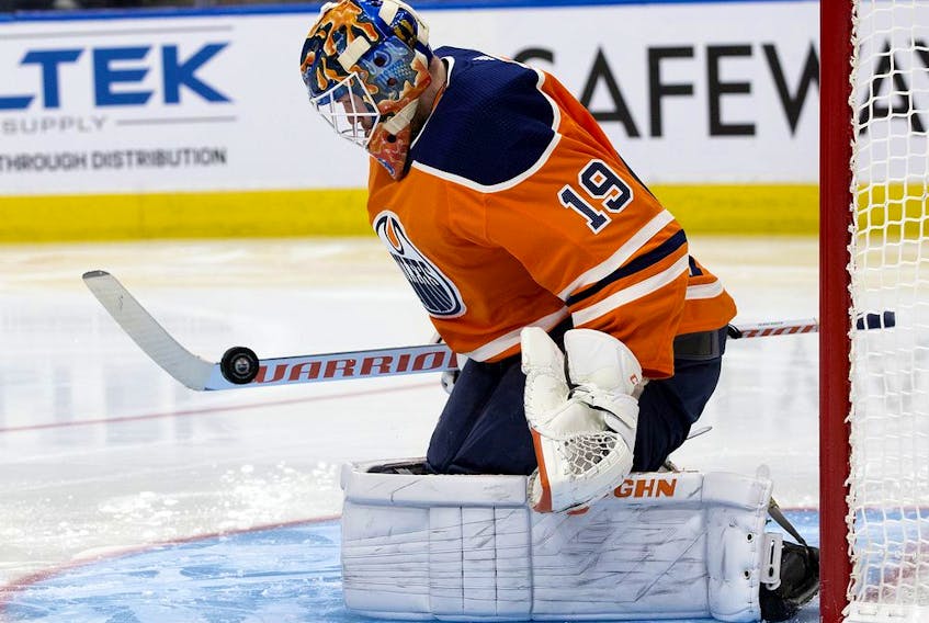 The Edmonton Oilers' goalie Mikko Koskinen (19) makes a save against the Philadelphia Flyers during third period NHL action at Rogers Place, in Edmonton Wednesday Nov. 16, 2019. The Oilers won 6-3. Photo by David Bloom