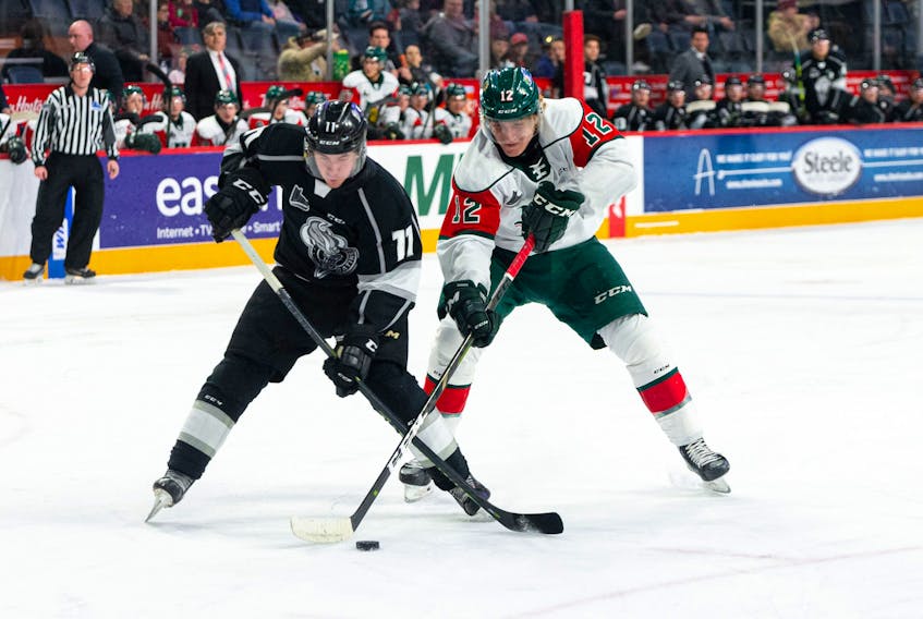 Halifax Mooseheads defenceman Olivier Desroches, right, and Gatineau Olympiques forward Pier-Olivier Roy battle for the puck during a Jan. 23 QMJHL game at the Scotiabank Centre. (QMJHL)