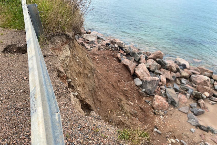 Erosion can be seen along sections of the Dingwall Road guardrail in Victoria County. CONTRIBUTED