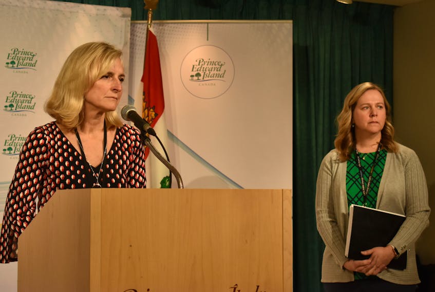 Chief public health officer for P.E.I. Dr. Heather Morrison, left, and Marion Dowling, Health P.E.I.’s chief of nursing, allied health and patient experience, announce on March 17, 2020 that bars and restaurant dining rooms on P.E.I. would close to limit spread of the coronavirus. Michael Robar/The Guardian