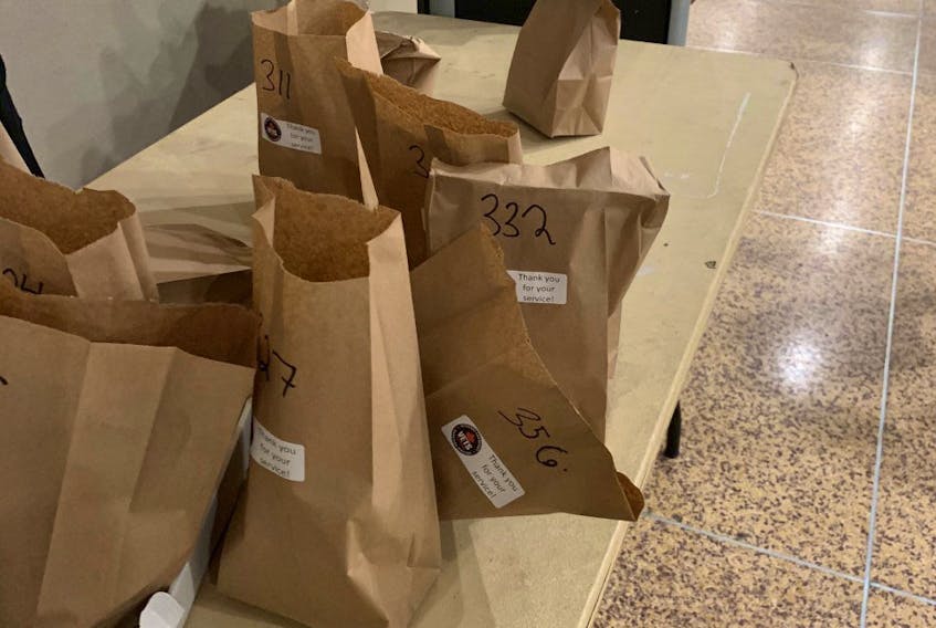 Bags of donairs sit waiting to be delivered to sailors who are in isolation at the Westin hotel in Halifax prior to their next deployment. - Courtesy of Jim Lowther