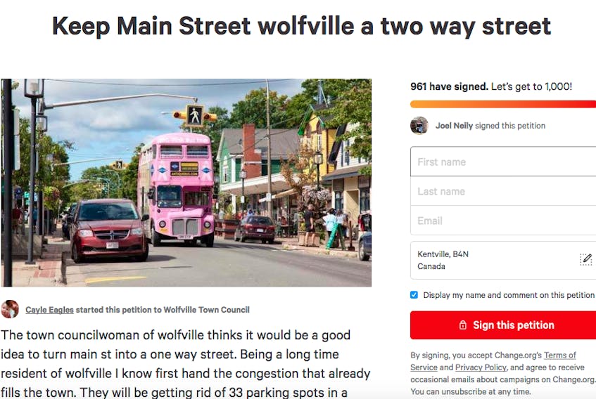 This screenshot shows the number of people who have signed the online petition “Keep Main Street Wolfville a two way street” as of 1 p.m. on June 29.