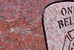 A marble monument at the Onslow Belmont Fire Hall shows the impact of an RCMP bullet after two officers opened fire when they thought they had spotted the Portapique shooter last April 19. Both officers have been cleared of any criminal wrongdoing. Harry Sullivan - Filed photo