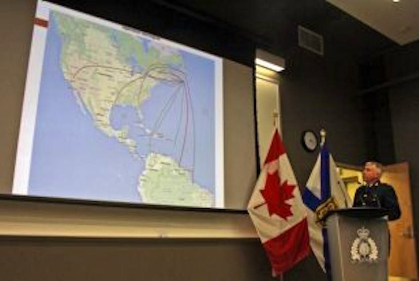 ['Inspector Glenn Lambe of the Nova Scotia RCMP explains a complicated drug ring that was attempting to import cocaine from South America to Nova Scotia.']