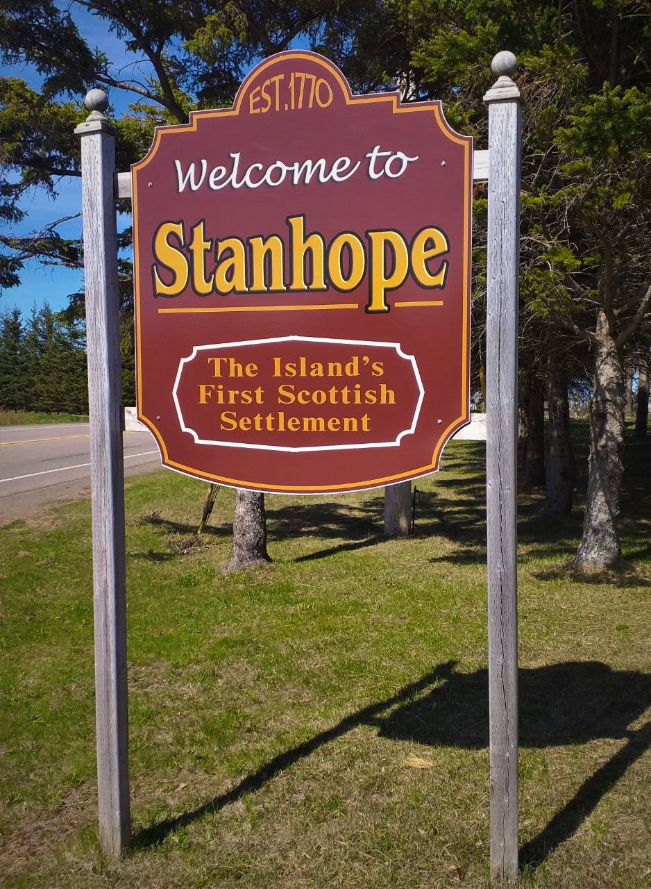 The welcome sign to the community of Stanhope, photographed by Wade MacLauchlan, acknowledges P.E.I.'s first Scottish settlers.