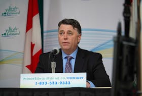 P.E.I. Premier Dennis King speaks at a media briefing in Charlottetown. King said last week he was asking Ottawa to change COVID-19 emergency funding for workers and students to fund businesses to employ them instead.  