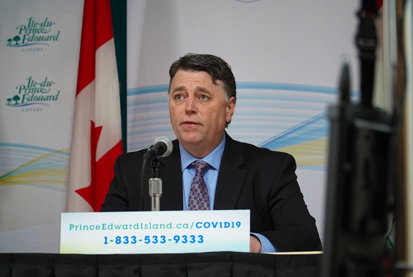 P.E.I. Premier Dennis King speaks at a media briefing in Charlottetown. King said last week he was asking Ottawa to change COVID-19 emergency funding for workers and students to fund businesses to employ them instead.  