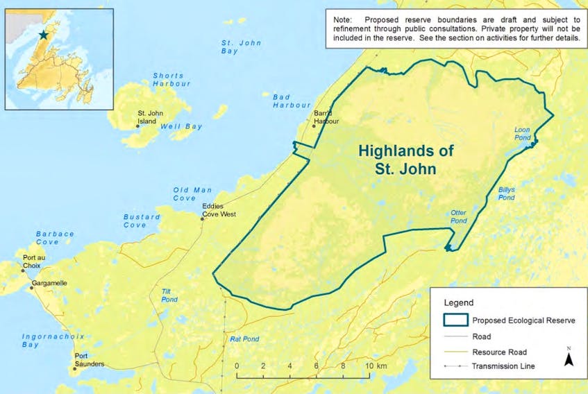 The proposed Highlands of St. John ecological reserve on the Northern Peninsula. 

