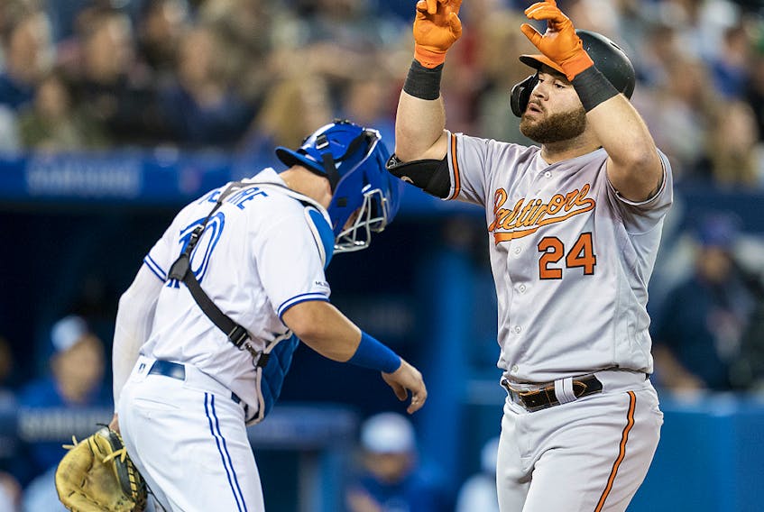 DJ Stewart of the Baltimore Orioles celebrates his home run against the Toronto Blue Jays in the sixth inning during their MLB game at the Rogers Centre on Sept. 24, 2019 in Toronto. 
