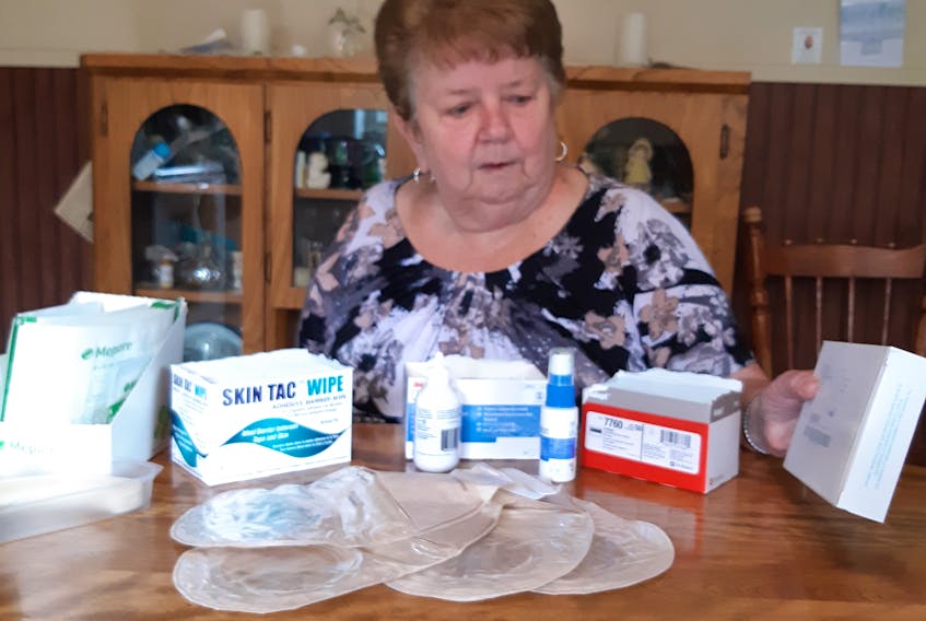 Tignish resident Rose-Marie Brennan assembles her collection of supplies that she purchases as a result of her ostomy. She says the cost of the supplies should be covered by the province.