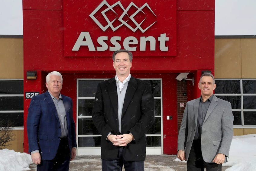 The Assent Compliance team: Andrew Waitman, CEO, centre, Dave Curley, chief revenue officer, left, and Marty Labelle, chief product officer, right, at the company's headquarters.