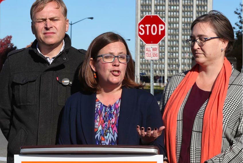 NDP candidate  Morgan Gay (Ottawa South), Emilie Taman (Ottawa Centre) and Angella MacEwen Ottawa West-Nepean) making an announcement on Phoenix at Tunney's pasture in Ottawa Tuesday Oct 8, 2019. 