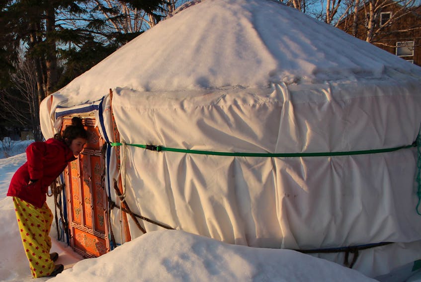 Davis Sullivan checks out one of the yurts at Cabot Shores Wilderness Resort and Retreat Centre on Feb. 26, during a morning walk around the grounds. We stayed in a similar yurt, called the Forest Yurt, which was a bit larger than this one. NICOLE SULLIVAN/CAPE BRETON POST 