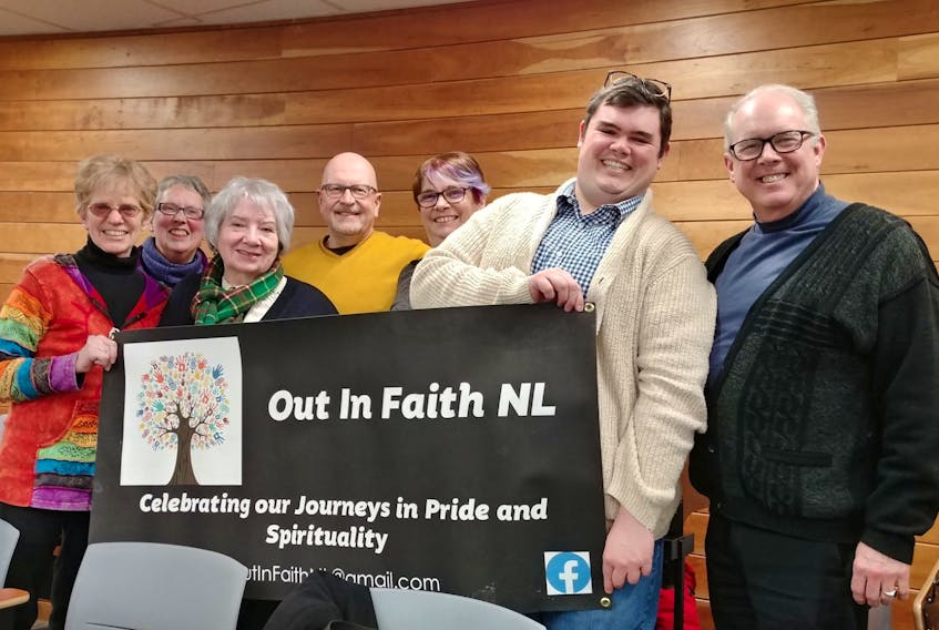 Members of the Out in Faith NL planning committee at a 2019 event in St. John’s. Pictured are (from left) Liz Ohle, Jennifer Whitfield, Ettie Gordon-Murray, Rev. Derrick Bishop from the Anglican Church, Susan Sheppard, Noah Morritt and Father Paul Lundrigan from the Roman Catholic Church. Missing is Nathalie Brunet. CONTRIBUTED
