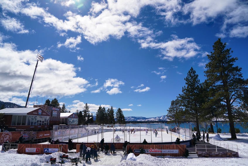 A view of the rink on the shores of Lake Tahoe during the first period of the NHL outdoor game Saturday between the Vegas Golden Knights and the Colorado Avalanche. - Kirby Lee / USA Today Sports