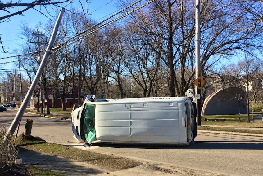 A delivery driver for the Cape Breton Post was taken to hospital early Friday morning in Sydney after the van he was driving collided with a power pole before rolling onto its side. The accident occurred shortly after 8 a.m. on George Street across from Wentworth Park. The driver’s injuries were not believed to be life-threatening. CAPE BRETON POST