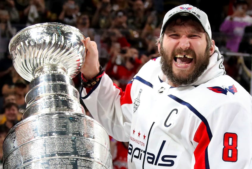 Alex Ovechkin celebrates withe the Stanley Cup after the Washington Capitals defeated the Vegas Golden Knights in Game 5 of the final series in 2018.