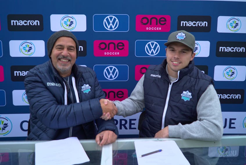 HFX Wanderers FC head coach Stephen Hart, left, congratulates keeper Christian Oxner after he re-signed with the Canadian Premier League team on Tuesday. (HFX Wanderers FC)