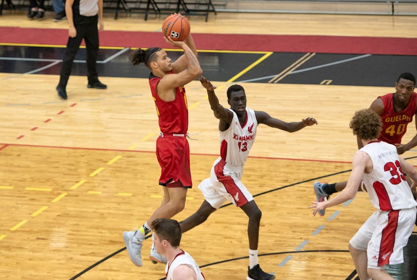 Malcolm Glanville (left) of the Guelph Gryphons goes up for a shot as the Memorial Sea-Hawks’ Emmanuel Ring (13) attempts to defend during exhibition university men’s basketball action over the weekend in Guelph, Ont. — Guelph Athletics photo/Gar Fitzgerald