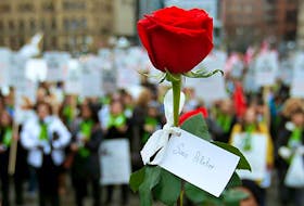 A rose honouring Sonia Pelletier, one of 14 victims of the Montreal Massacre, is pictured during a recent National Day of Remembrance and Action on Violence Against Women.