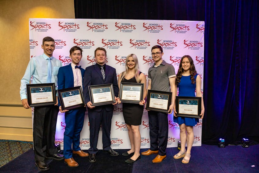Recipients of the Brother G. I. Moore Athlete of the Year Award for School Sports Newfoundland and Labrador in 2018-19 include (from left) Cameron Collier (Belanger Memorial), Noah Carter (Pearson Academy), Ethan Isaacs (Holy Name of Mary), Makenna Taylor (Dorset Collegiate) ,Dawson Laundry (Ascension Collegiate) and Heidi Simpson (Glovertown Academy). Missing from the photo are Shania Kearney (St. Lawrence Academy) and Nicole Kennedy (Mealy Mountain Collegiate).