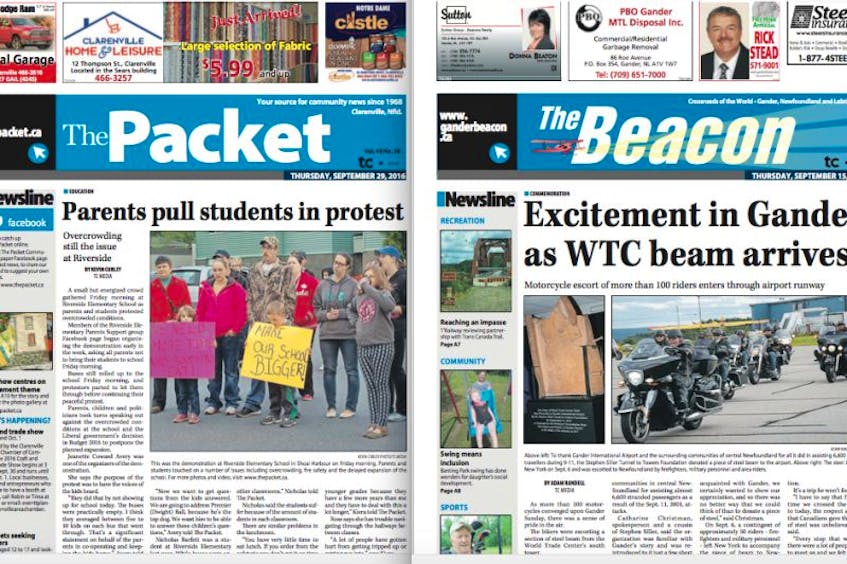 The front pages of The Packet and The Beacon. These editions were considered when judging the 2017 Newspapers Atlantic Better Newspapers Competition. Both The Packet and Beacon were nominated for the General Excellence Class One category.