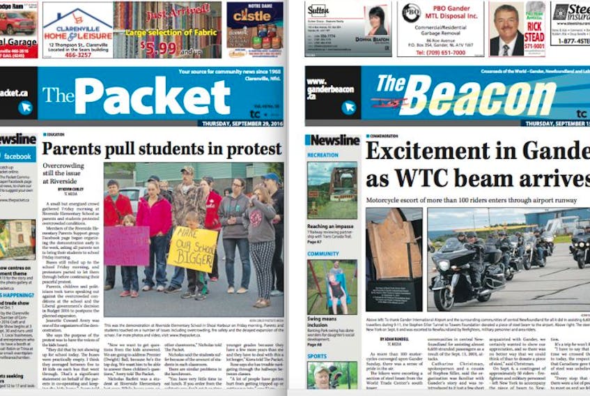 The front pages of The Packet and The Beacon. These editions were considered when judging the 2017 Newspapers Atlantic Better Newspapers Competition. Both The Packet and Beacon were nominated for the General Excellence Class One category.