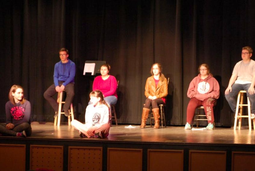 A rehearsal for “Here and There and Them and Us” — a play presented by Discovery Collegiate and the Mental Health and Addictions Awareness committee.