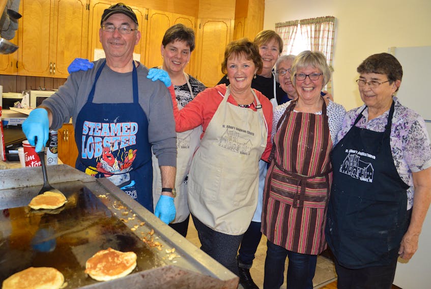 Pancakes were on the griddle at St. Alban’s Church hall in Whitney Pier, as part of their annual Shrove Tuesday pancake dinner. Fluffy pancakes, sausage and a desert were part of the package. As is tradition, plenty of pancakes were being flipped and served up at community halls in Cape Breton and all around on Tuesday. Volunteers cooking and serving at St. Alban’s, from left, were Dave Keeping, Janet Wylde, Gail Ings, Patsy Foley, Hilda Drake, Dawn Pushie and Vance Crane. GREG MCNEIL/CAPE BRETON POST