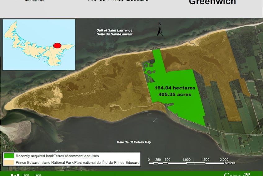 This map shows in green the land Parks Canada acquired as an addition to the P.E.I. National Park at Greenwich. The new purchase allows visitors to the park to enjoy a longer, uninterrupted stretch of beach, as well as protect crucial habitats for Island species. 