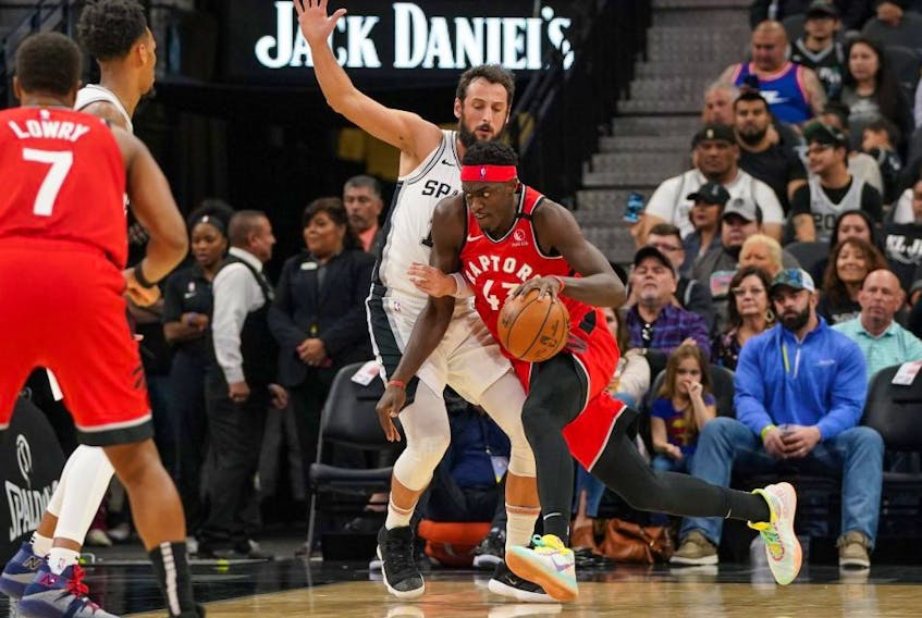 Raptors forward Pascal Siakam (43) moves in against Spurs guard Marco Belinelli (18) during first half NBA action at the AT&amp;T Center in San Antonio, on Jan. 26, 2020.