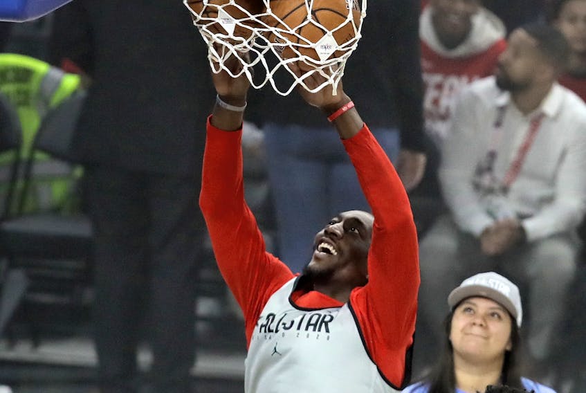 Raptors’ Pascal Siakam has some fun during Saturday’s practice and media day at the NBA all-star game in Chicago. (GETTY IMAGES)