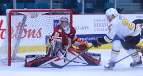 Davis Cooper of the Cape Breton Eagles attempts a shot on Acadie-Bathurst Titan goaltender Christian Sbaraglia during Quebec Major Junior Hockey League action at the K.C. Irving Regional Centre in New Brunswick earlier this month. CONTRIBUTED • TYSON GRAY, ACADIE-BATHURST TITAN 