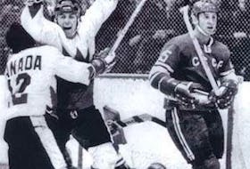 Paul Henderson of Team Canada celebrates his game and series winning goal against the Soviet Union in Moscow in 1972.