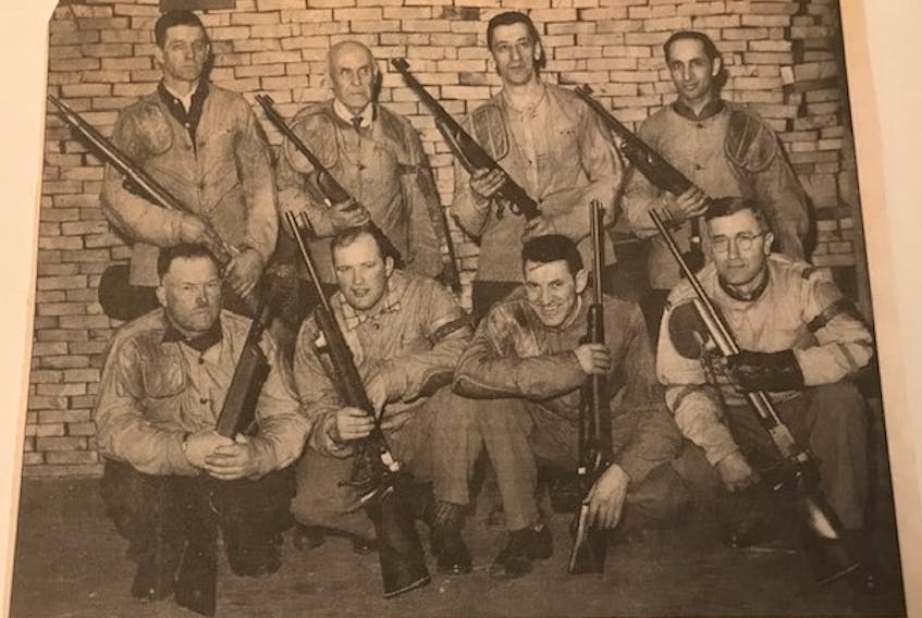 Members of one of the Sydney Rifle Club’s trophy-winning teams in the 1950s. From left, front, Otis Cossitt, Gus Cossitt, Mike Gillis and Palmer Thompson; back, Ed Clarke, Nick Coates, Alex Libbus and Abie Libbus. CONTRIBUTED