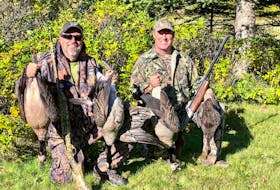 Matt Brazil and myself with some dandy Codroy Valley Geese. — Chris Fowler photo